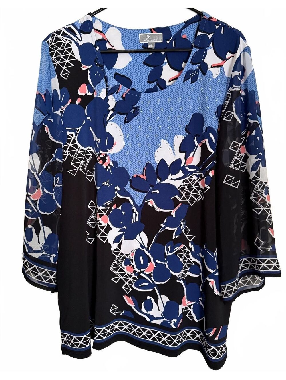 JM Collection Women's Blouse Size XL Extra Large Black Blue Retro Embellished